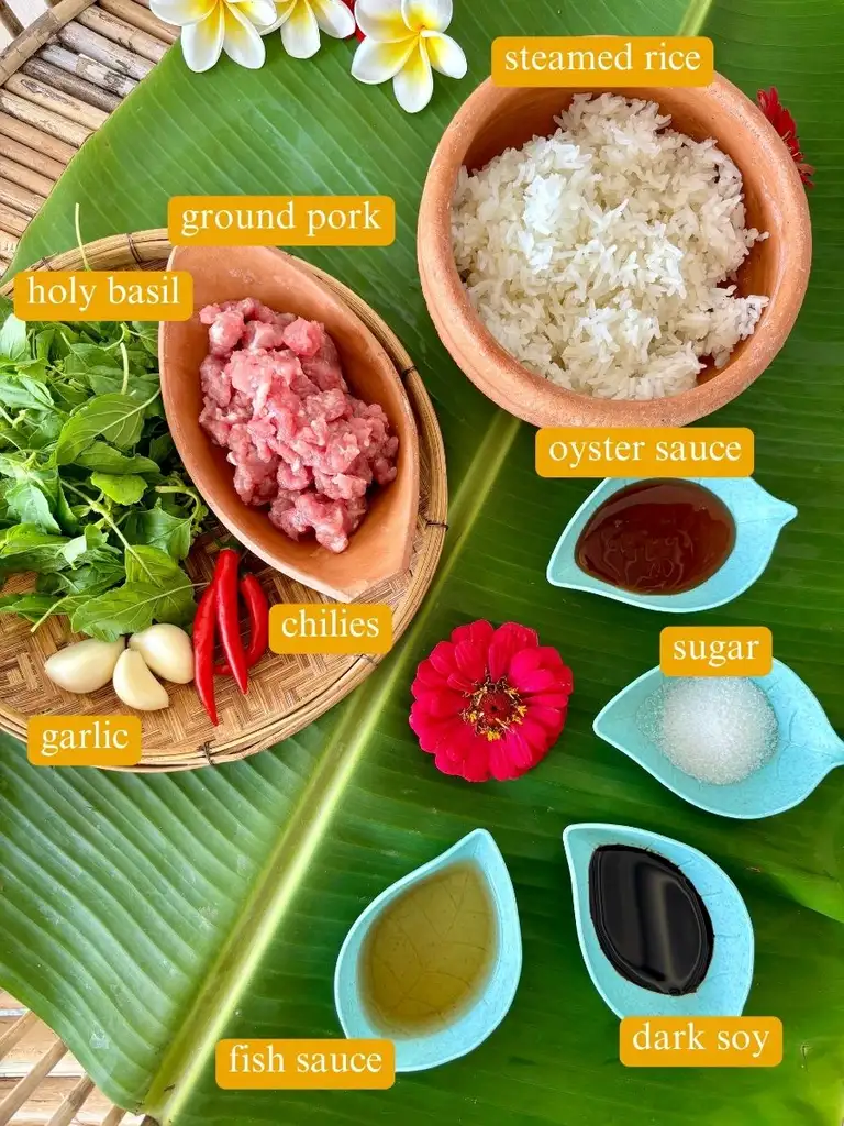 Ingredients for Khao pad krapow labeled: steamed rice, ground pork, holy basil, chilies, garlic, oyster sauce, sugar, light soy sauce, dark soy sauce, and fish sauce.