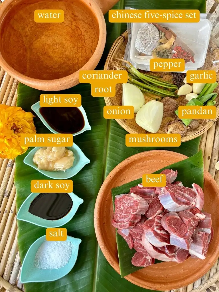 Ingredients for Thai beef stew labeled: water, Chinese five-spice set, black peppercorns, garlic, coriander root, pandan leaves, onion, light soy sauce, mushrooms, palm sugar, dark soy, salt, and beef.