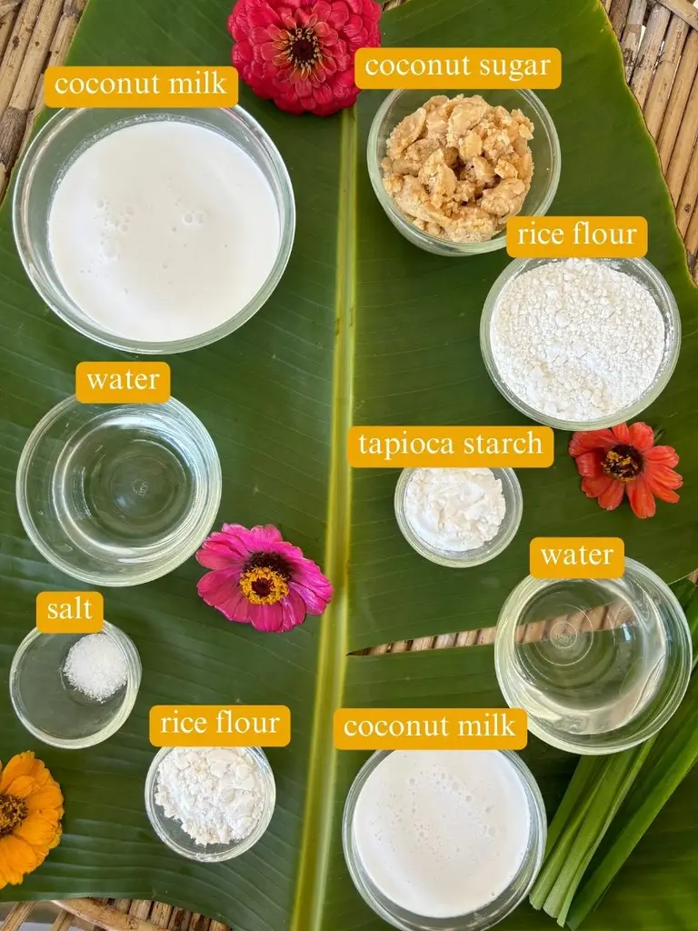 Ingredients for Thai coconut custard labeled: coconut milk, coconut sugar, rice flour, water, tapioca starch, and salt.