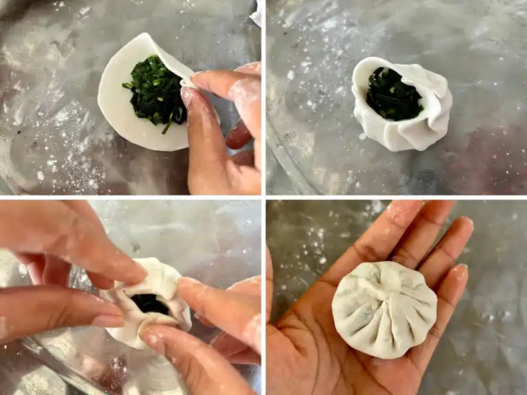 Instructional steps for shaping chive dumplings.