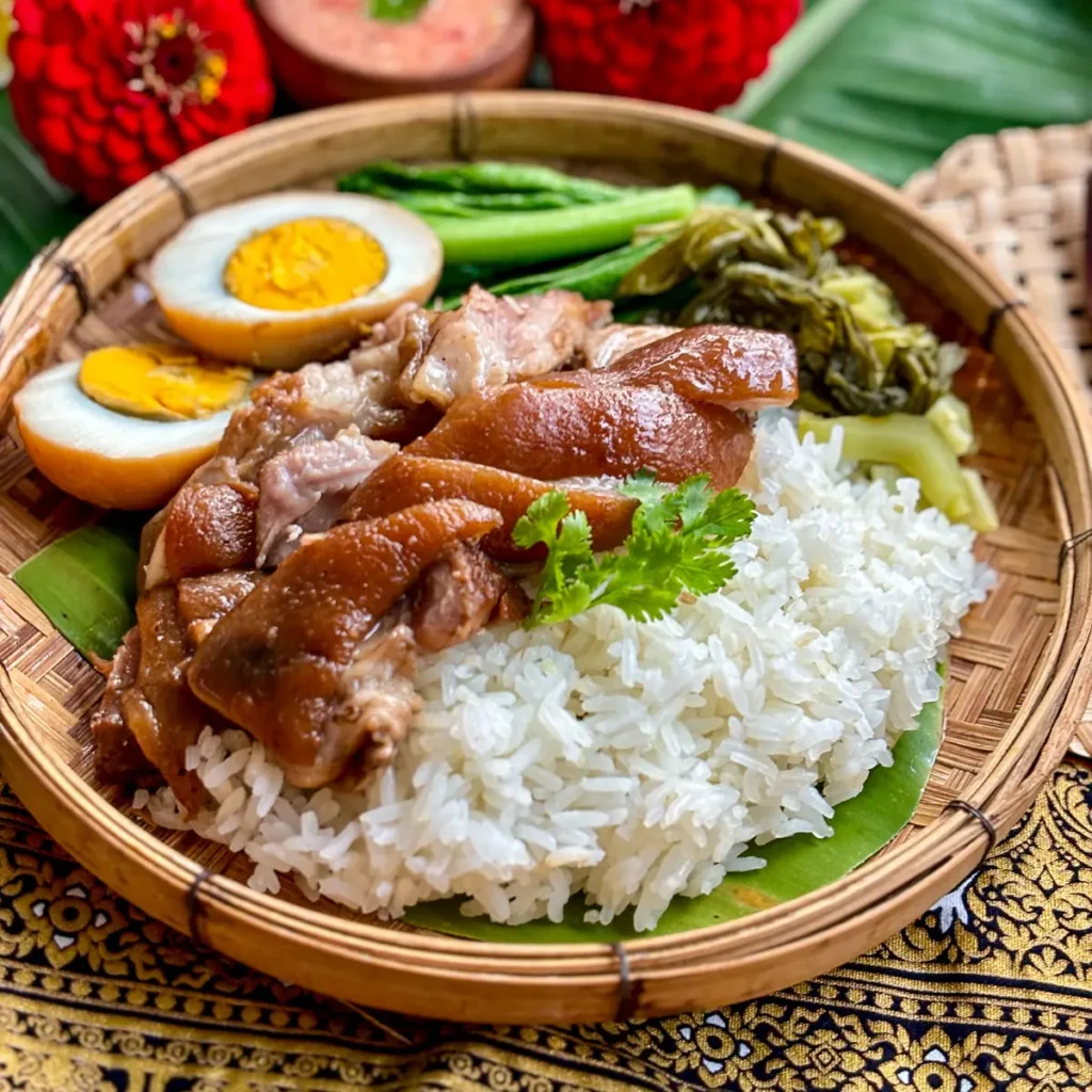 Khao kha moo, Thai braised pork leg served over jasmine rice with pickled mustard greens, half a boiled egg, and Chinese broccoli.