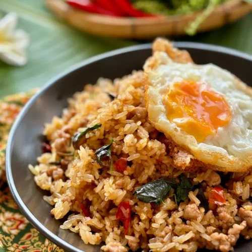 Khao pad krapow with holy basil, topped with a fried egg.