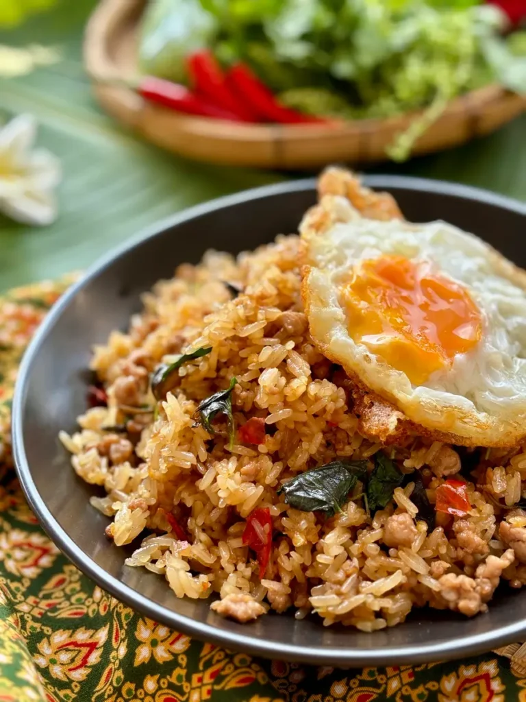 Khao pad krapow with holy basil, topped with a fried egg.