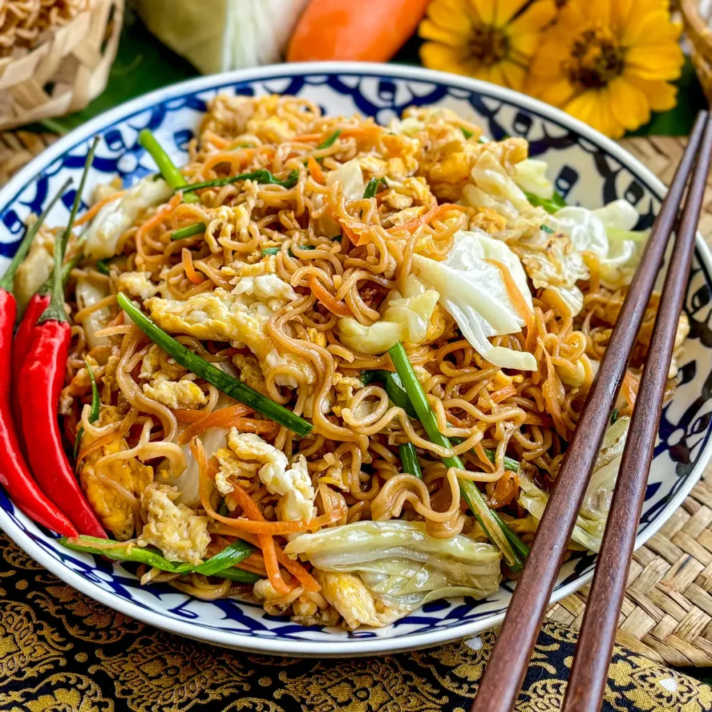 Pad mama, a Thai instant noodle stir-fry, served in a patterned dish.