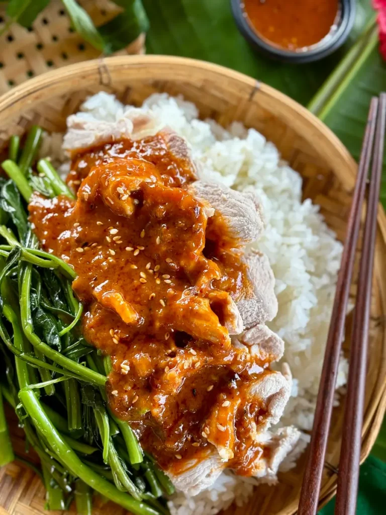 Top-view of pork swimming rama with jasmine rice and morning glory.