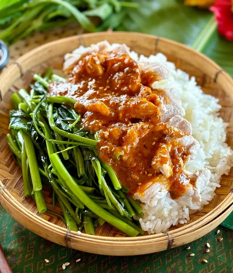 Swimming rama, praram long song, drizzled with peanut sauce and a side of jasmine rice and steamed morning glory.