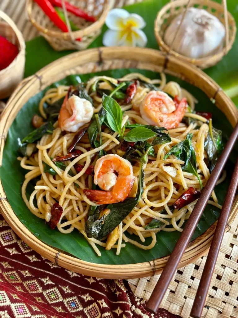 Thai basil pasta with spaghetti and shrimp, served in a bamboo bowl.