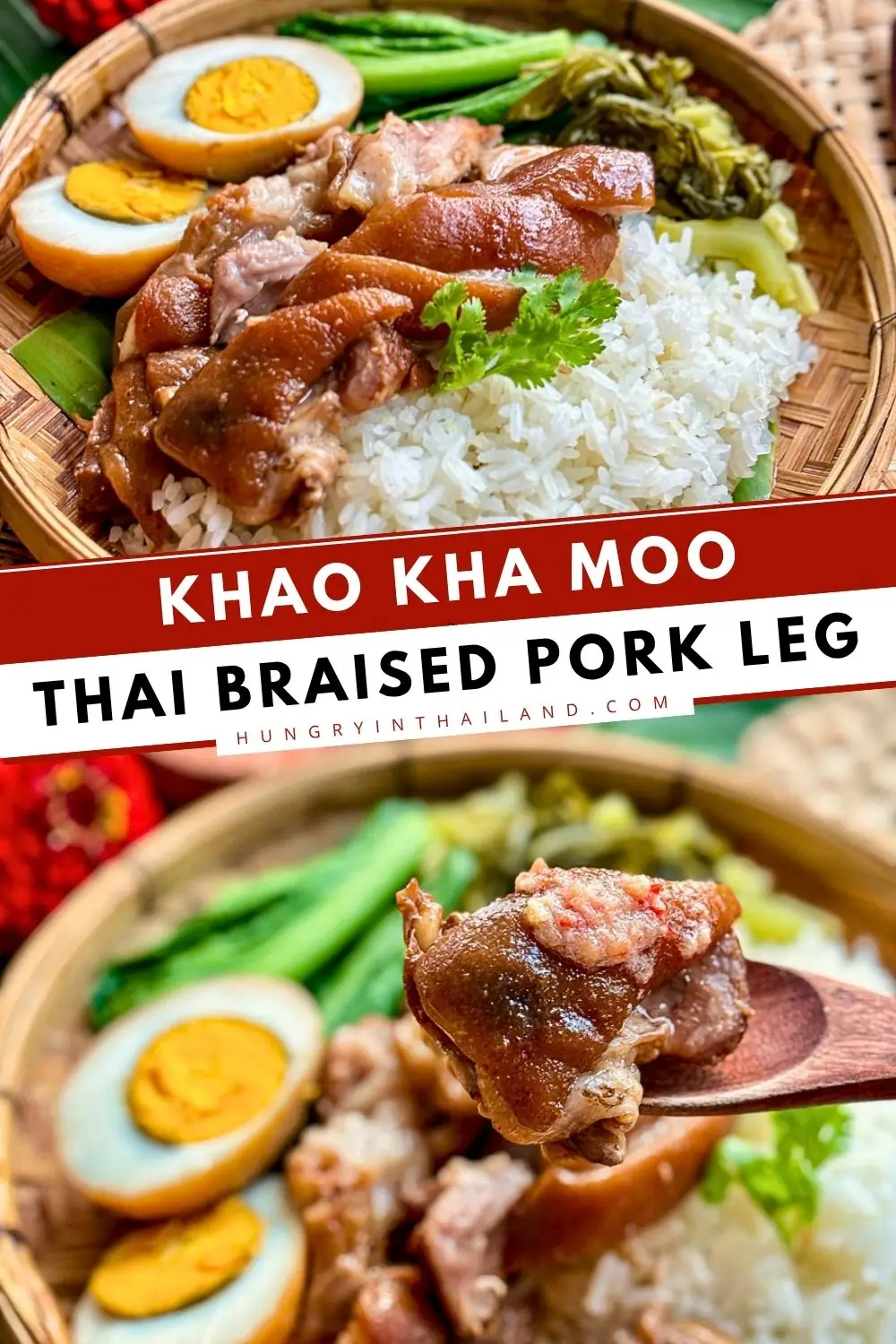 Authentic khao kha moo with fall-apart Thai braised pork leg, jasmine rice, braised eggs, Chinese greens, and pickled mustard greens.