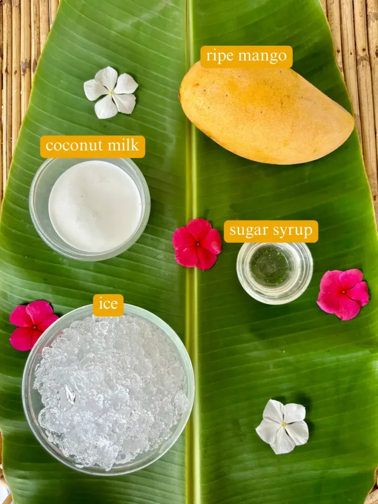 Ingredients for Thai mango shake labeled: ripe mango, coconut milk, sugar syrup, and ice.