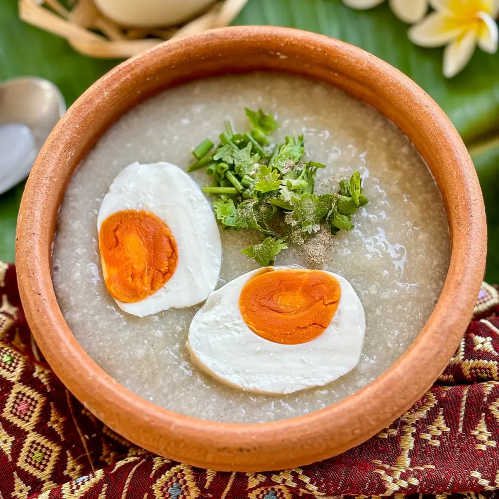 Thai salted eggs in congee with fresh herbs, served in a traditional clay bowl.
