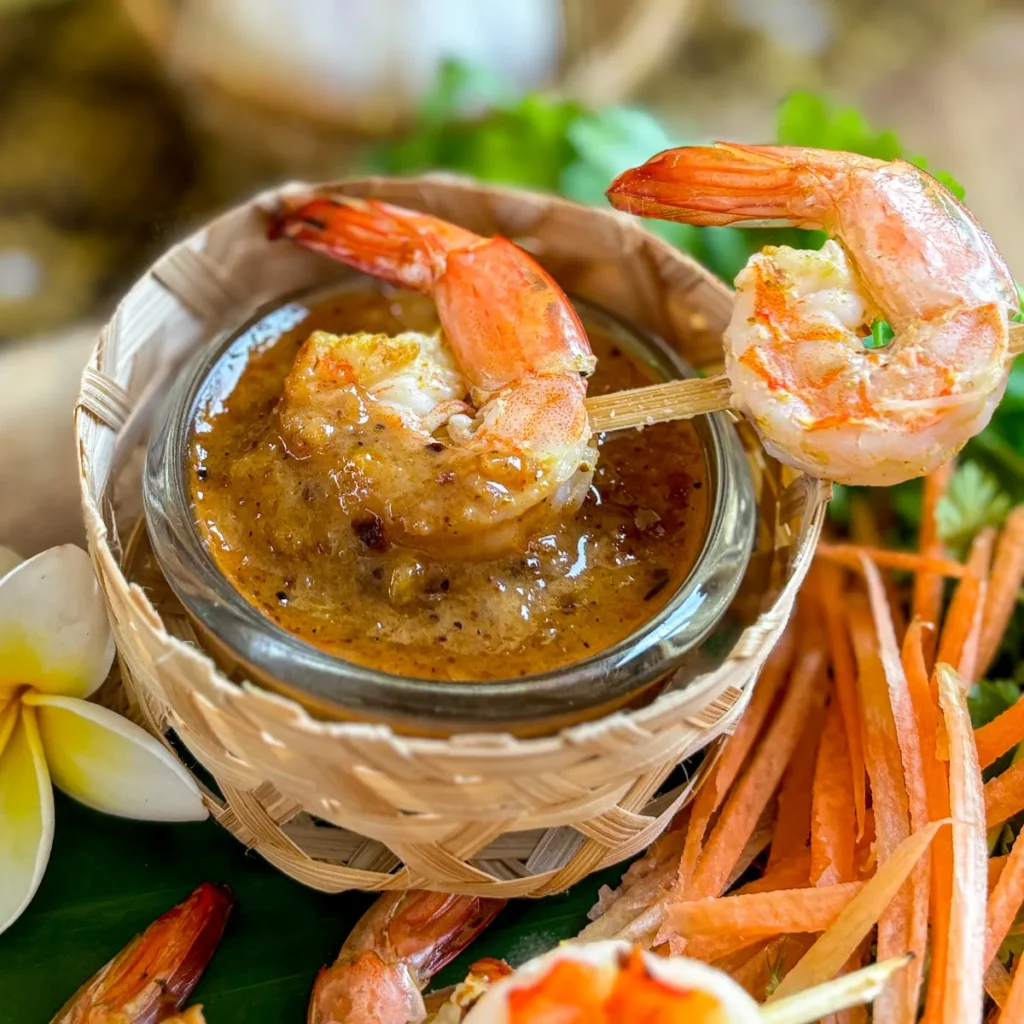 Shrimp satay with Thai peanut sauce served with fresh herbs and carrot slivers.