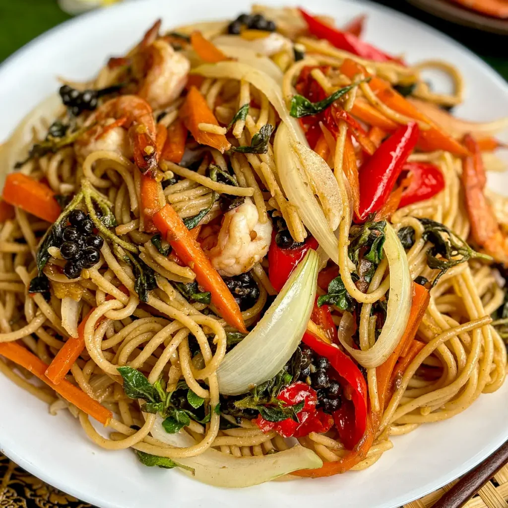 Close-up of spaghetti kee mao, Thai drunken spaghetti w,ti shrimp and vegetables.