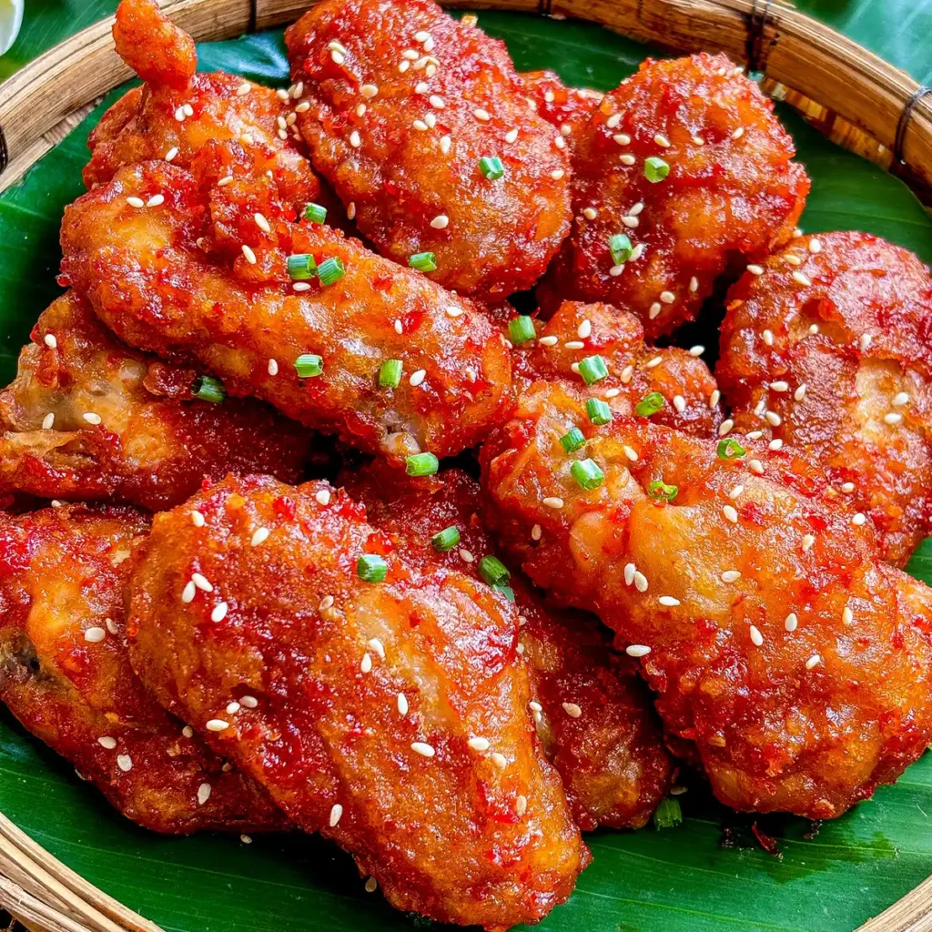 Close-up of sweet Thai chili wings, coated in sauce, garnished with sesame seeds and green onions.