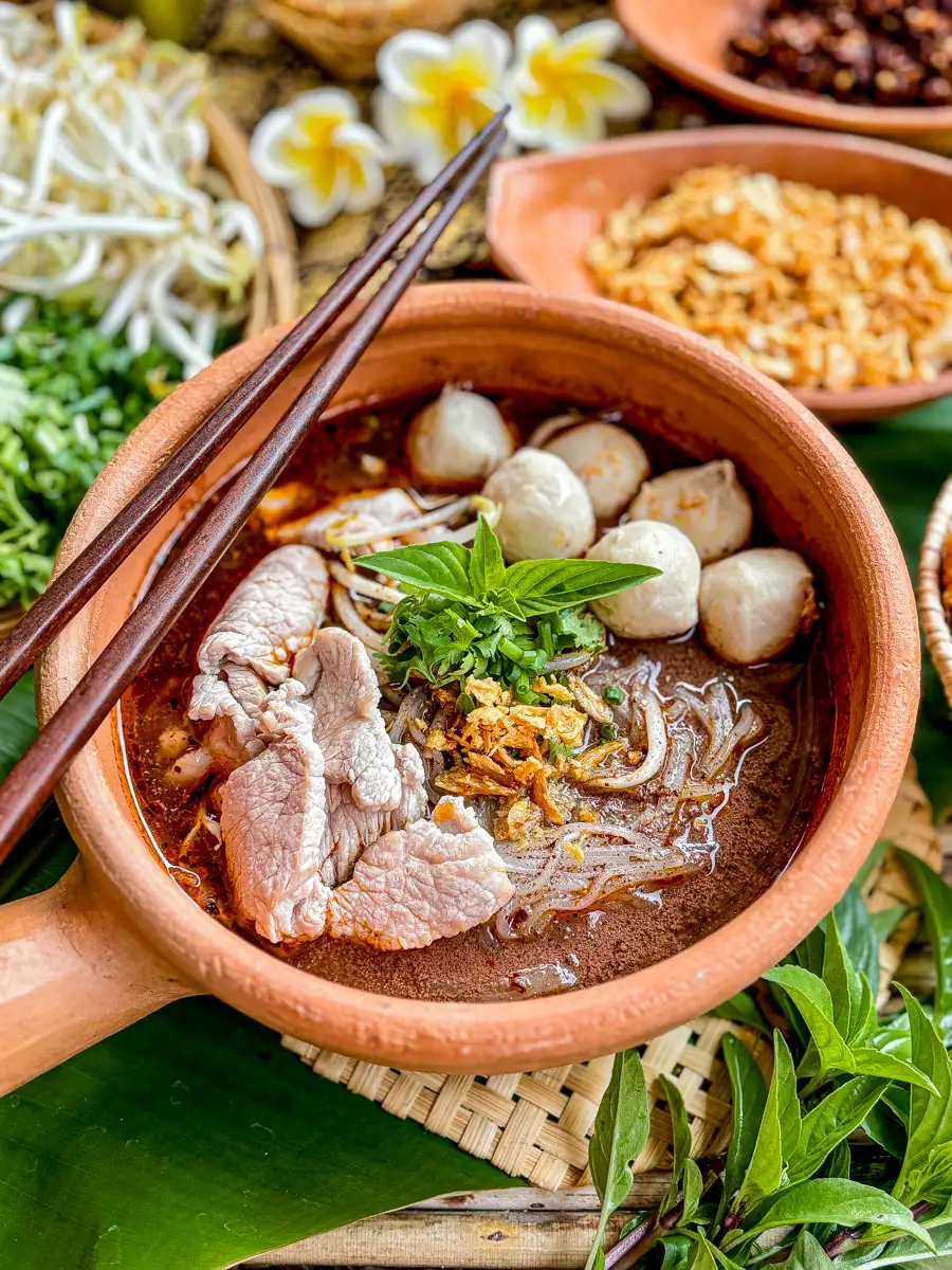 Thai boat noodle soup pork blood broth spiced rice noodles quick home easy