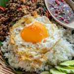 Thai fried egg with a golden runny yolk, served over jasmine rice with pad kra pao and prik nam pla.
