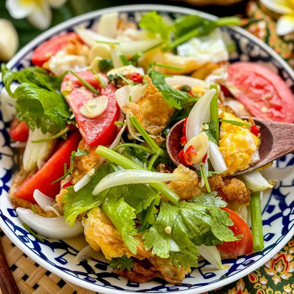 Thai fried egg salad with crispy edges, fresh vegetables, and herbs in a traditional blue and white dish.