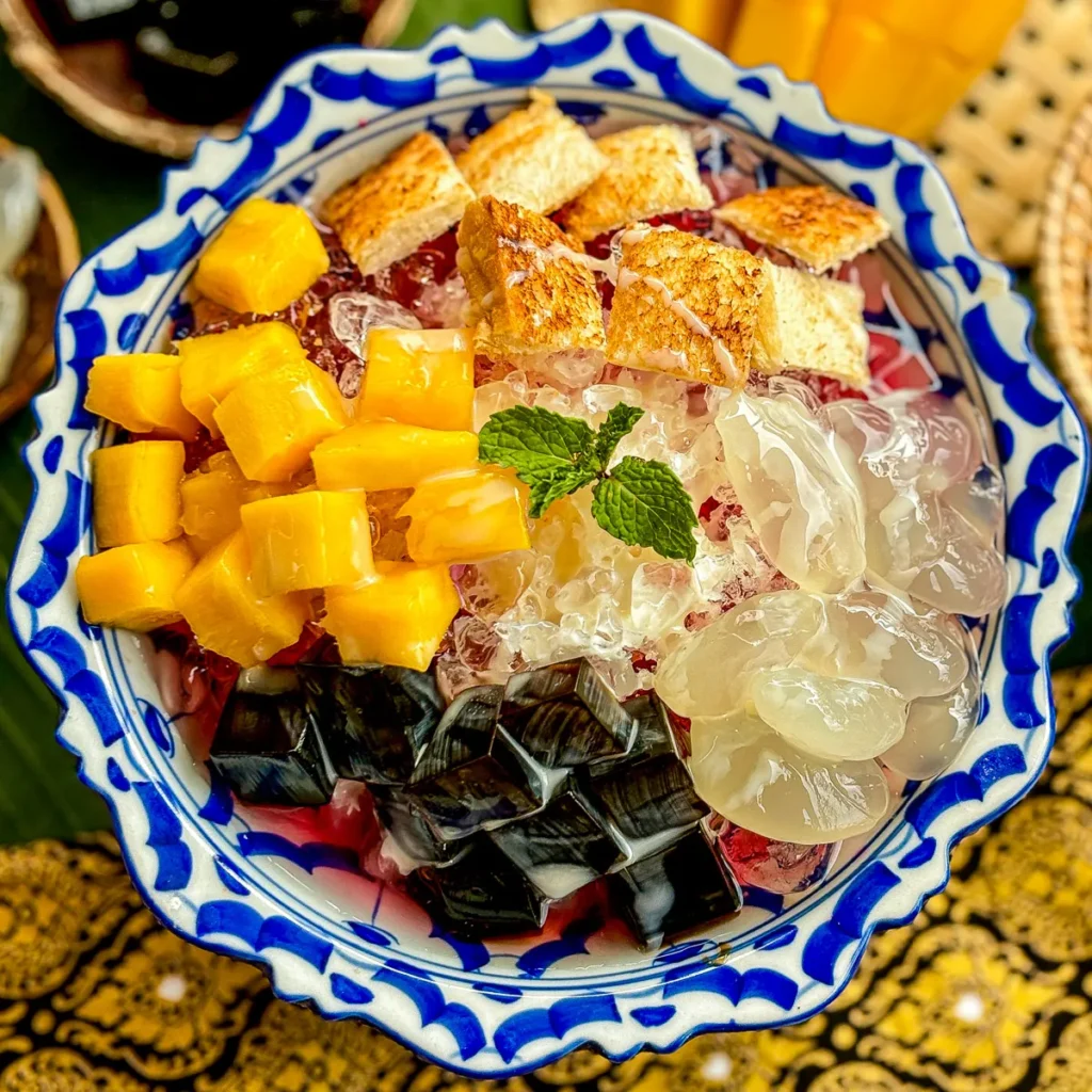 Thai shaved ice, nam kang sai dessert served with crushed ice, tropical fruits, jellies, and syrup, garnished with a fresh mint leaf.