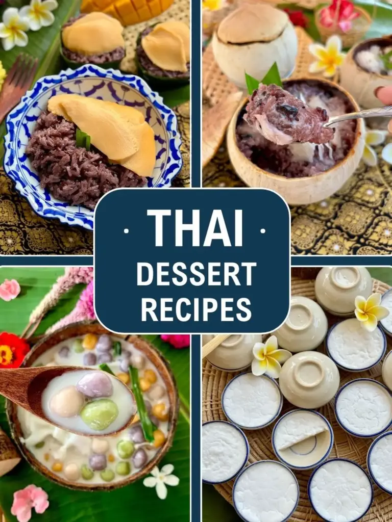 Assorted Thai desserts including coconut milk desserts, sweet dumplings, sticky rice coconut milk, and sangkaya.