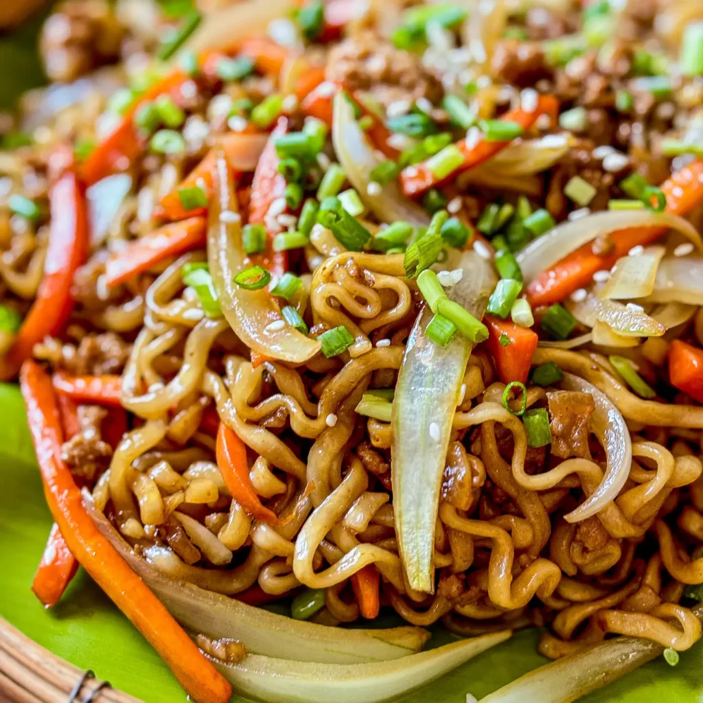 Close-up of stir-fried instant ramen noodles with onions, carrots, and scallions, coated in a savory sauce.