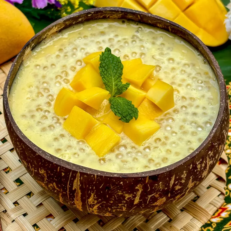 Mango sago dessert, topped with fresh mango cubes, served in a coconut shell.