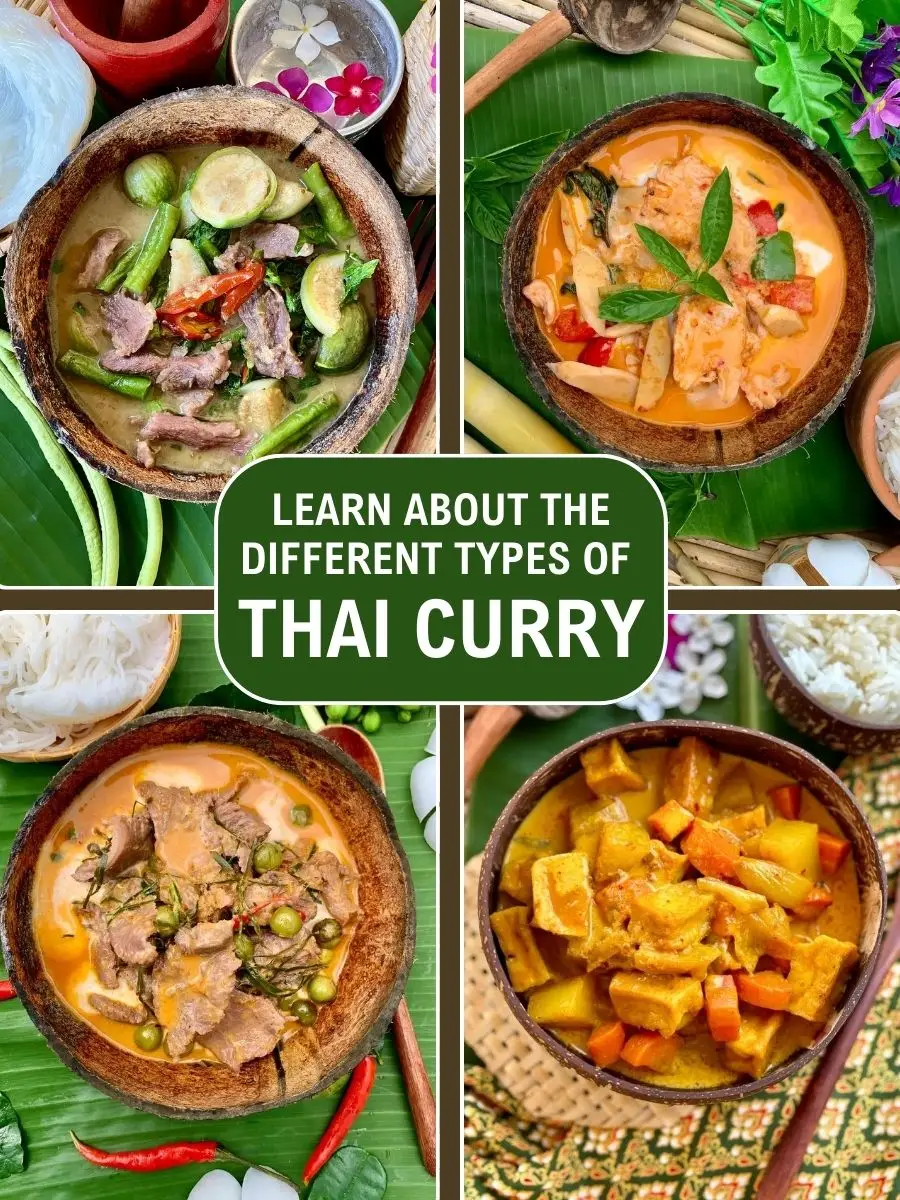 Four different types of Thai curry in coconut bowls: green curry, red curry, panang curry, and yellow curry.