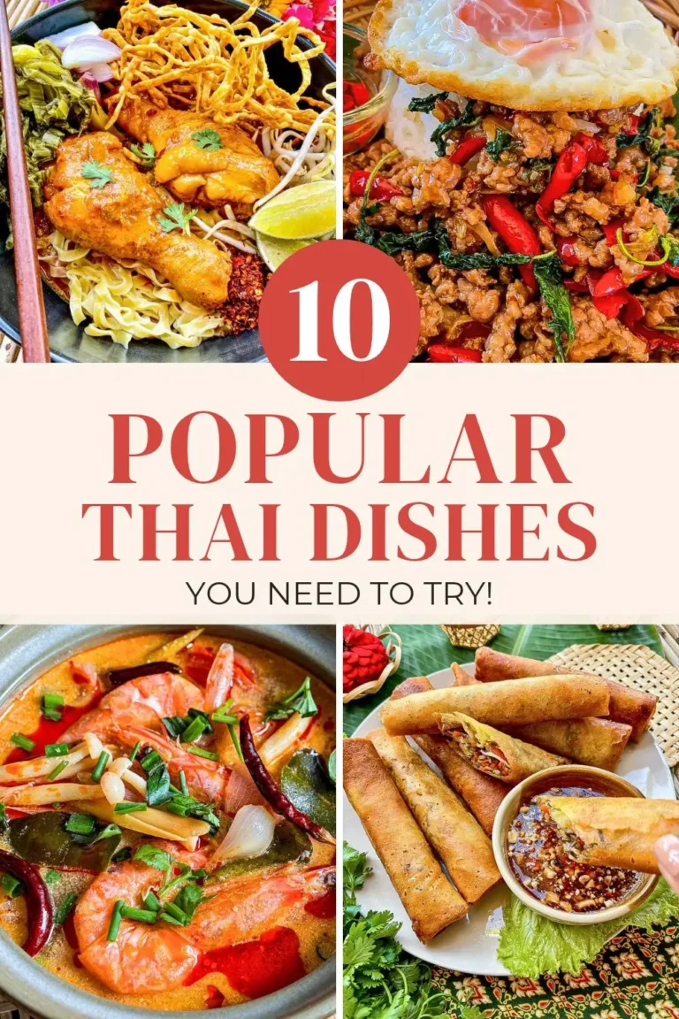 Collage of popular Thai dishes including Khao Soi, Pad Kra Pao, Tom Yum soup, and crispy Thai spring rolls.