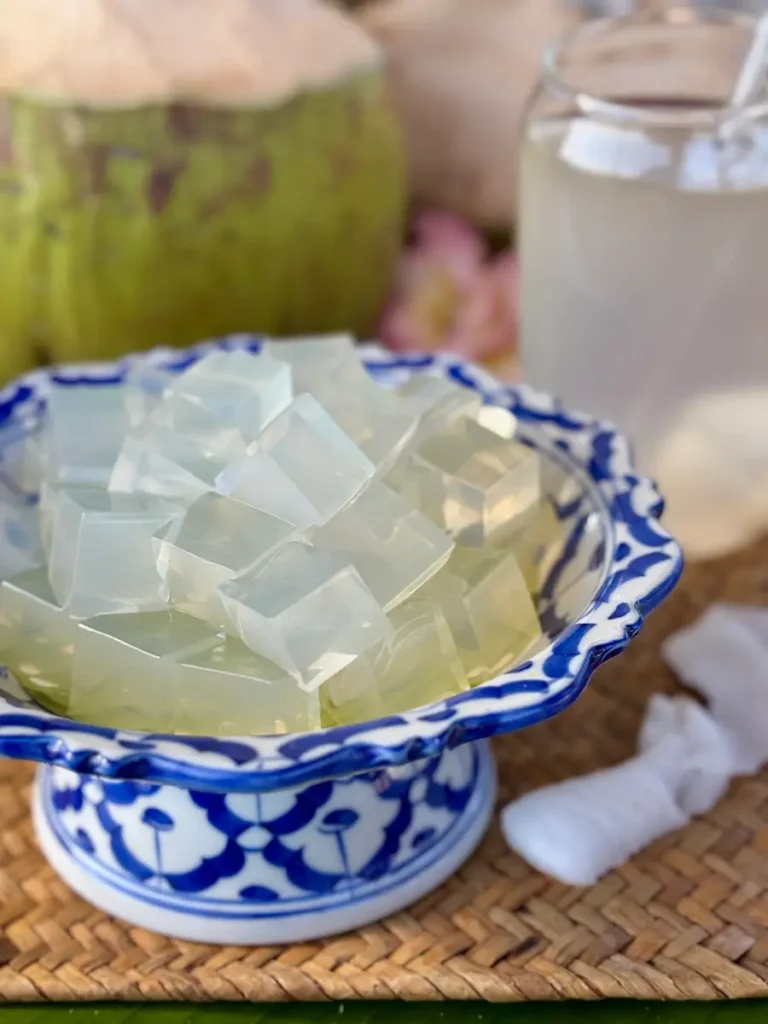 Traditional Thai coconut jelly cubes served in a blue and white porcelain plate, with fresh coconut and coconut water in the background.