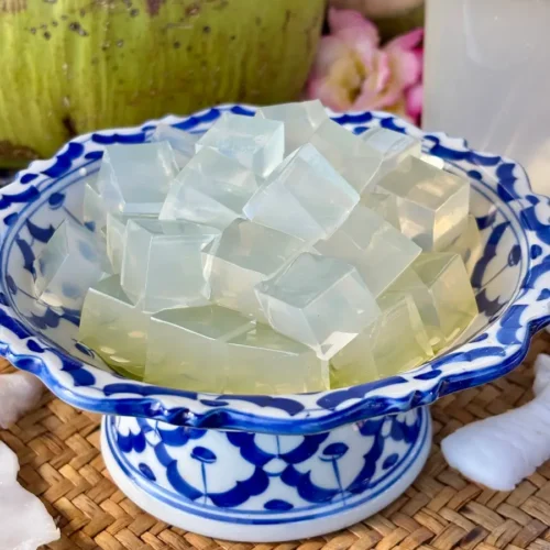 Close up of coconut jelly cubes in a traditional Thai porcelain bowl, with fresh coconut water and coconut pieces nearby.