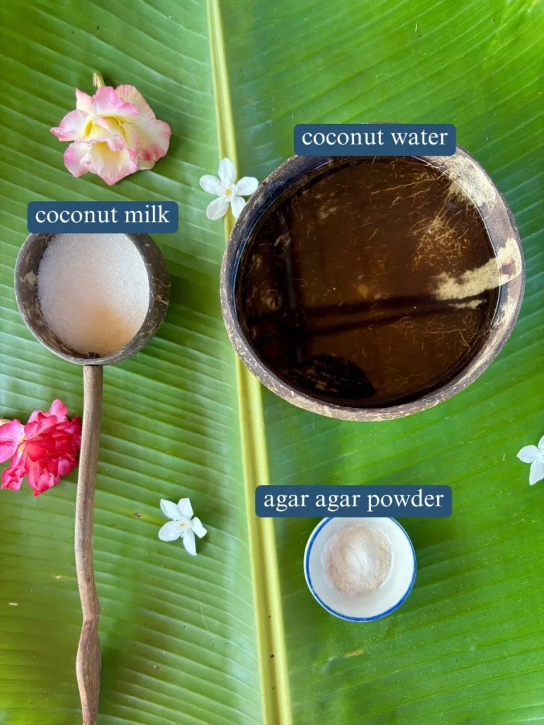 Ingredients for coconut jelly: coconut water, coconut milk and agar-agar powder displayed on a banana leaf with flowers.