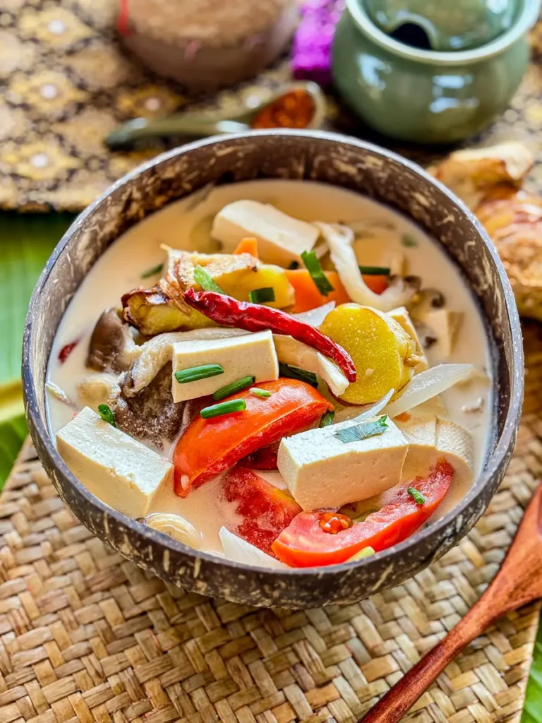 Vegetarian Thai tofu soup with coconut milk in a coconut shell bowl, featuring tomatoes, tofu, galangal, and dried chilies.