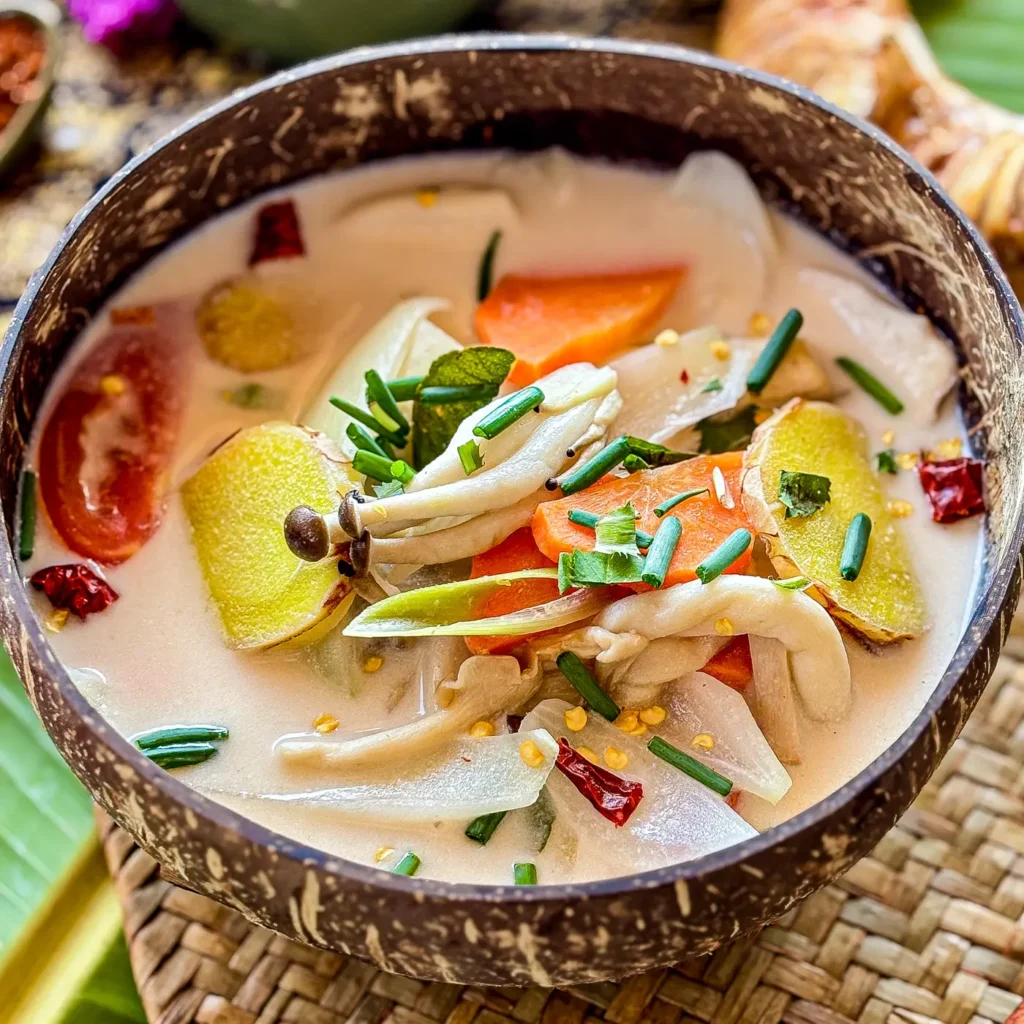 Vegan Thai mushroom soup close-up with vegetables and coconut milk.