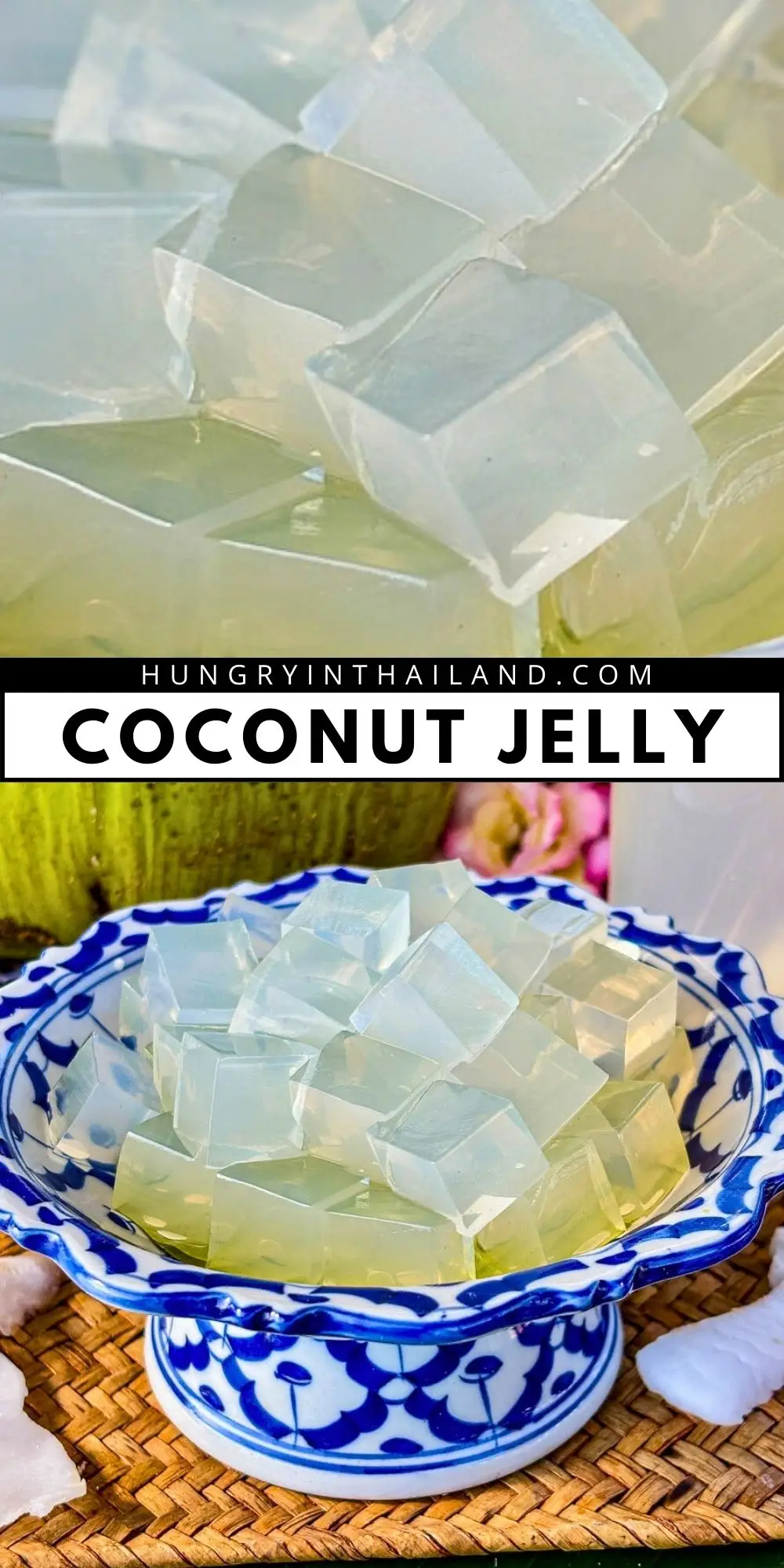 Coconut jelly cubes served in a blue and white bowl, with translucent coconut gelatin pieces stacked on a plate.