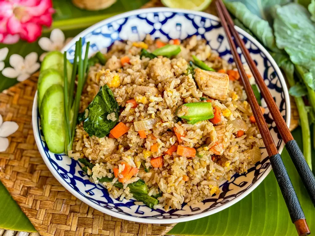 Chicken Thai fried rice with chicken, vegetables, and egg, garnished with cucumber and green onions.