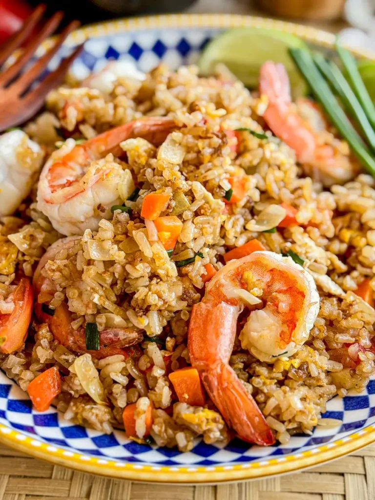 Close-up of khao pad goong (Thai shrimp fried rice) served in a blue and white patterned bowl with fresh lime and green onions.