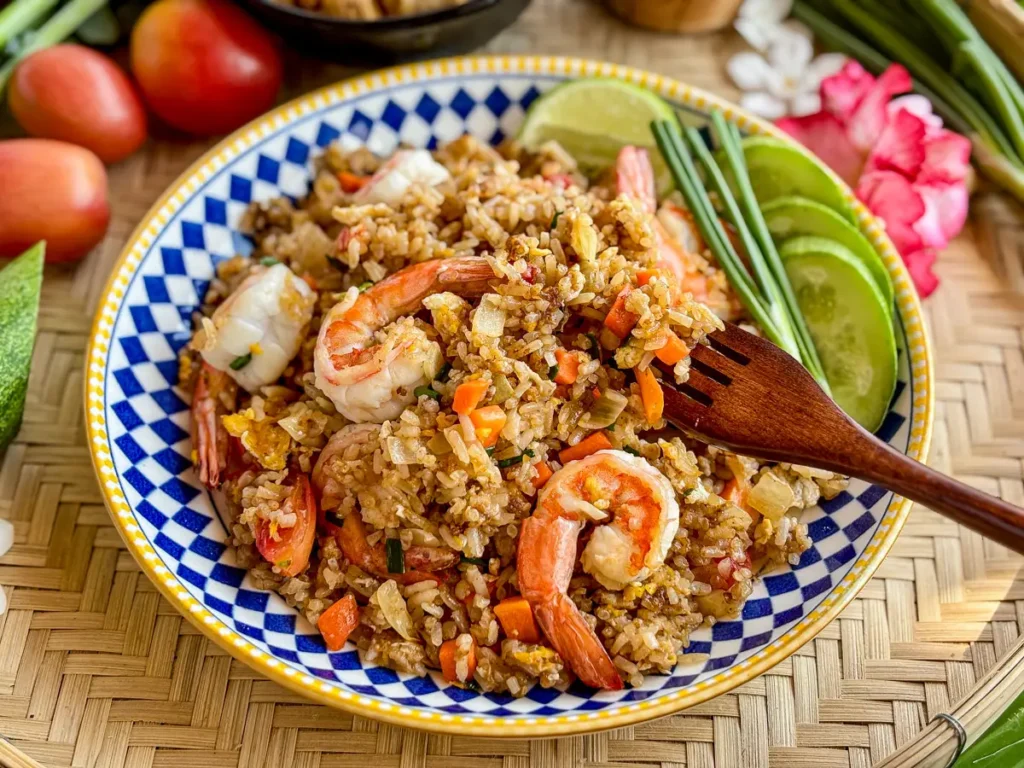 Thai shrimp fried rice with diced vegetables and cucumber slices on the side.