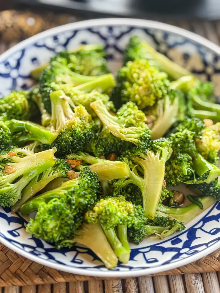 Overhead shot of stir-fried broccoli with oyster sauce, garlic, and soy sauce, served in a traditional Thai-style patterned bowl.