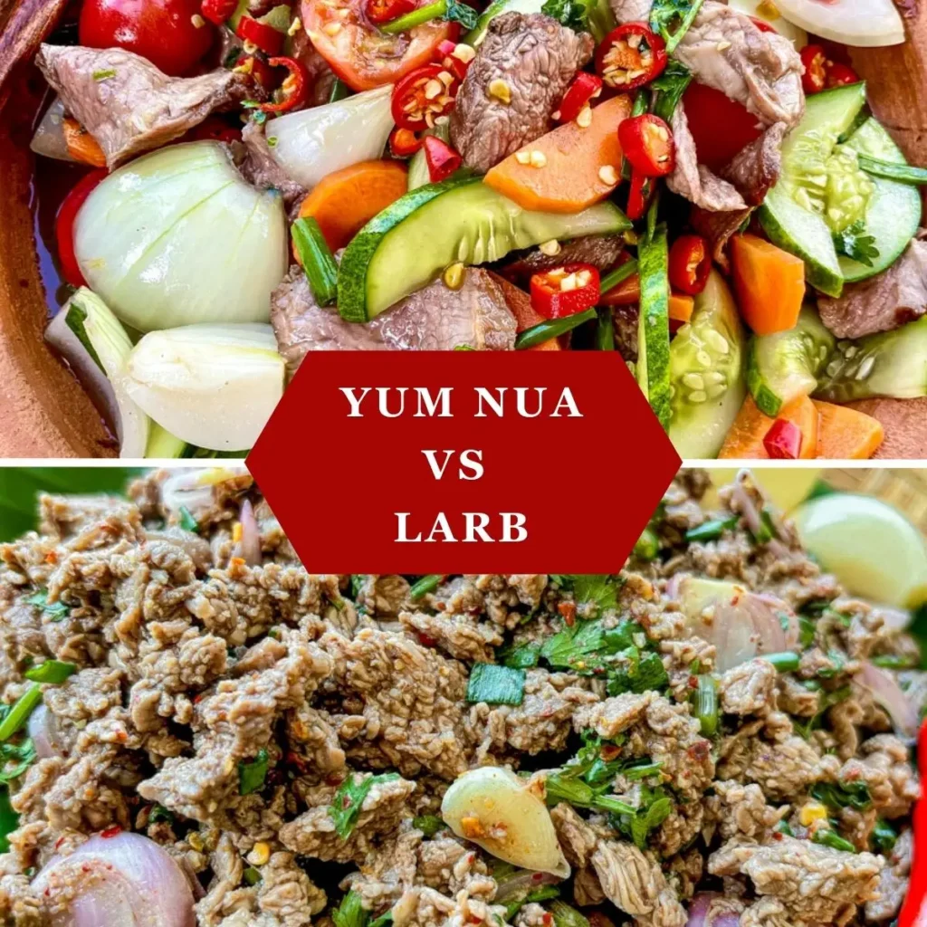 Close-up of yum nua Thai beef salad with fresh vegetables and larb made with minced beef, shallots, and herbs, side-by-side comparison.