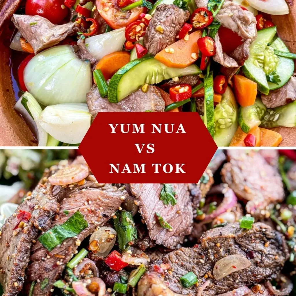 Comparison of Thai beef salads: yum nua with fresh vegetables on top, and spicy nam tok with toasted rice powder below.