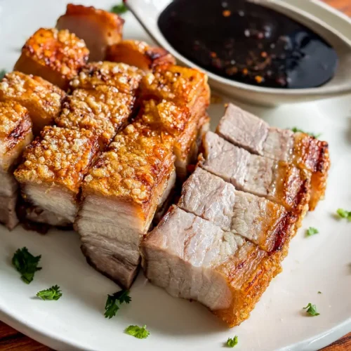 Crispy pork belly pieces cooked in the air fryer, plated with a soy-based dipping sauce.