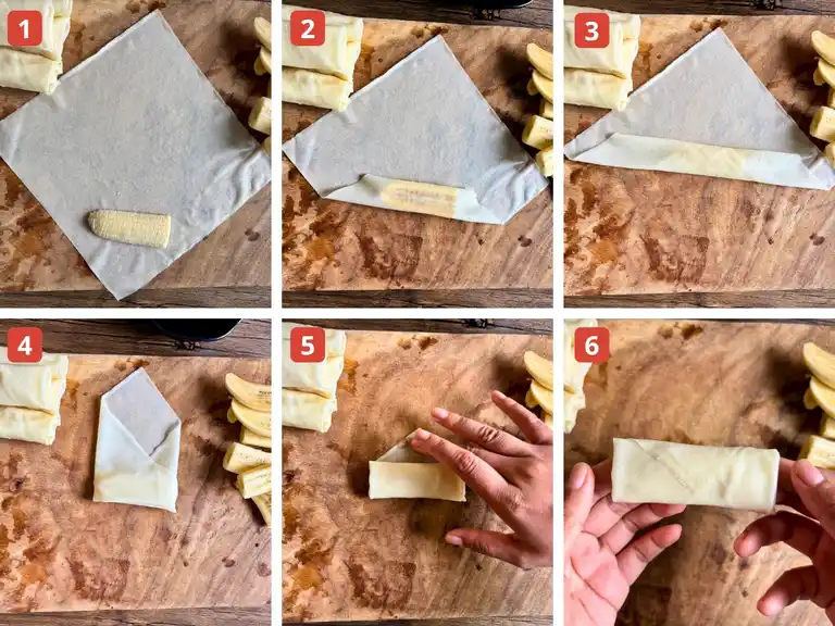 Step-by-step photo showing how to wrap banana spring rolls using spring roll wrappers.