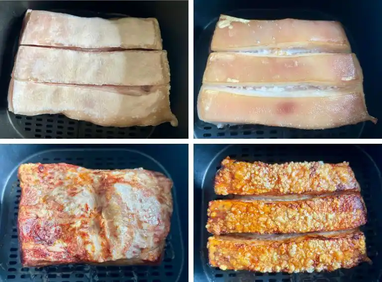 Step-by-step collage of pork belly cooking in the air fryer until crispy.