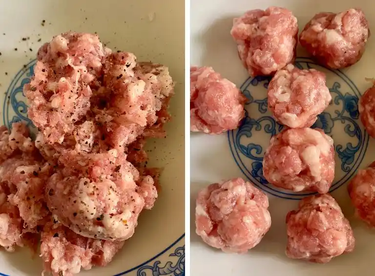 Ground pork seasoned with salt and pepper shaped into small meatballs.