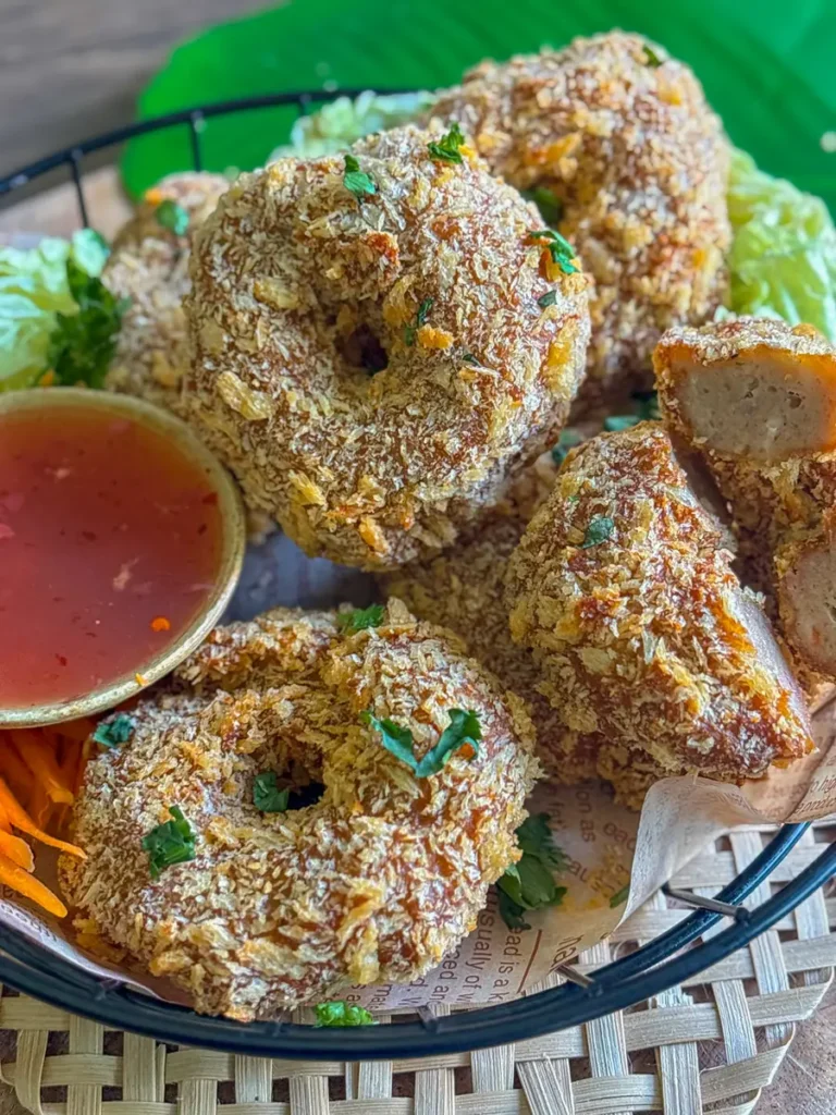 Thai shrimp cakes with sweet chili sauce (tod mun goong) served in a basket with shredded carrot, and lettuce garnish.