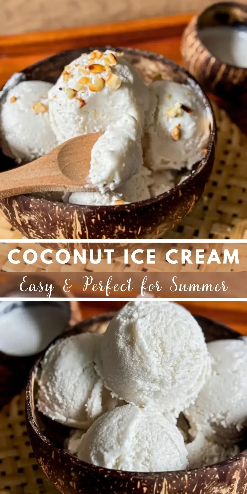 Coconut ice cream scoops in a coconut shell bowl, topped with toasted peanuts and served with a wooden spoon.