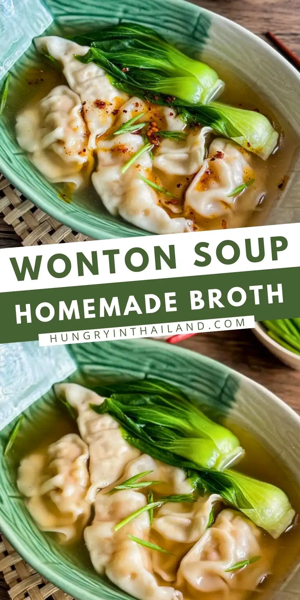 Wonton soup with homemade broth, tender dumplings, bok choy, and green onions.