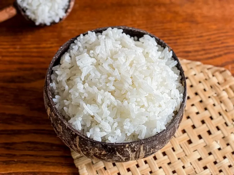 Thai coconut rice served in a natural coconut bowl, with a wooden spoon of rice in the background.