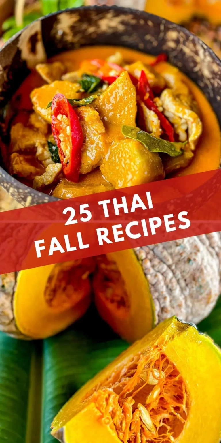 25 Thai fall recipes cover image showing Thai red curry with pumpkin in a coconut bowl, topped with red chili and basil, with fresh kabocha squash in the background.