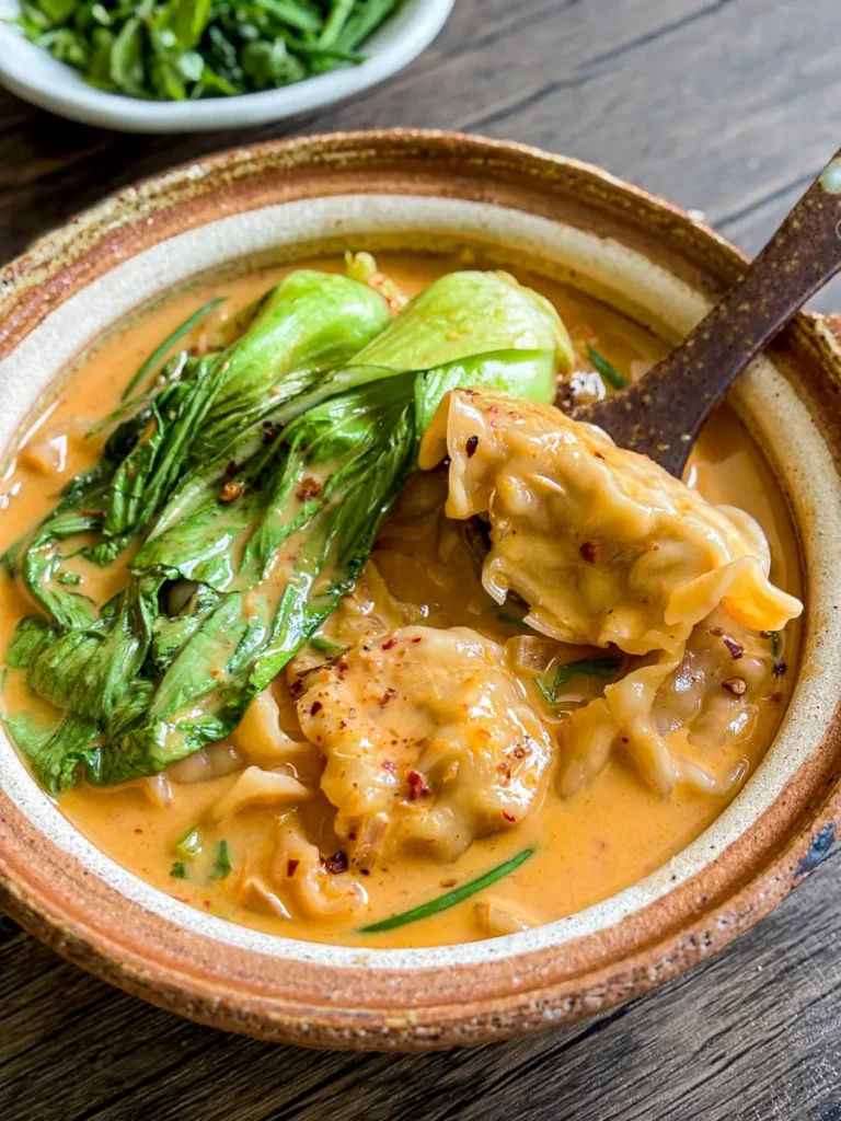 Thai red curry wonton soup with coconut milk broth, tender dumplings, and pak choy.