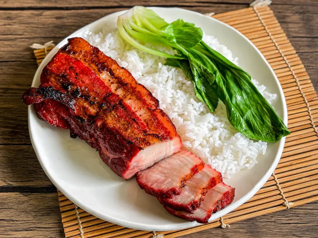 Overhead view of char siu pork belly with rice and bok choy on a white plate and bamboo placemat.