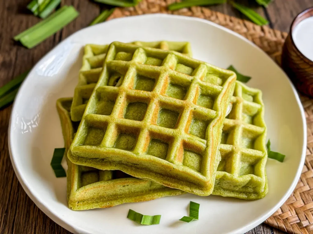 Close-up of fluffy pandan waffles with lightly golden edges, highlighting the soft interior and vibrant green hue.